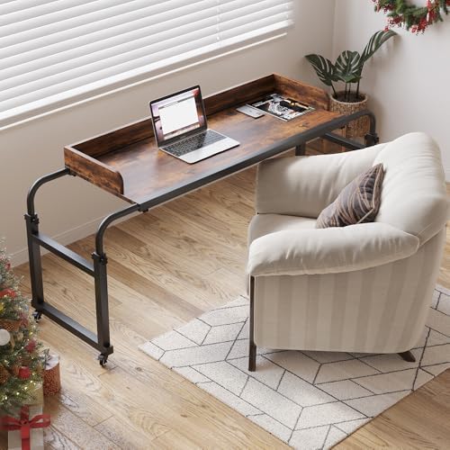 Overbed Table with 360° Wheels, Queen Size Mobile Bed Desk, Recliner Table Over Bed Table Adjustable Height and Length Overbed Table with Heavy Duty Metal Leg for Hospital and Home use