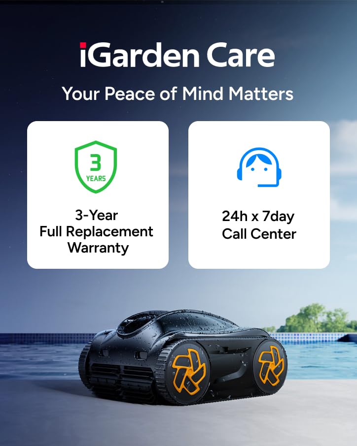 iGarden Robotic Pool Cleaner K Series, Cordless Pool Vacuum Robot for Inground & Above Ground Pools, Smart Navigation, Touchscreen, Self-Parking, Cleans Floor, Wall & Waterline, 220 Min