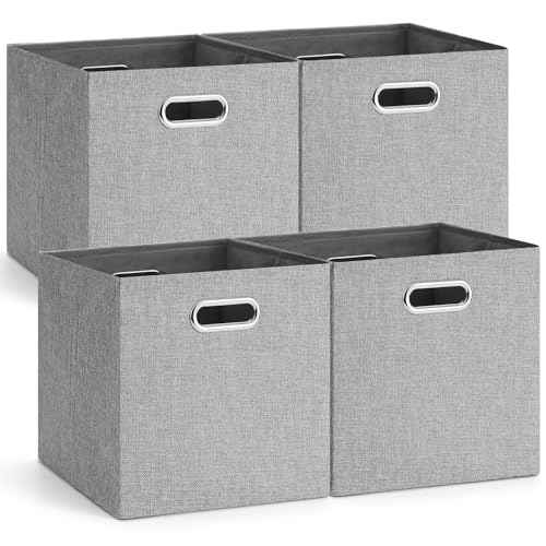 Cube Storage Bins,11 Inch Collapsible Storage Box Linen Fabric Bins with Double Handles, Storage Basket for Home, Closet, Shelves, Clothes Toy, Nursery, Decorative, 11x11, Grey, Set of 4
