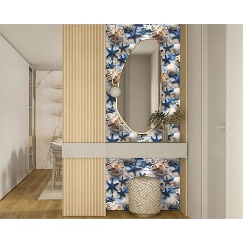 FLFK Peel and Stick Wallpaper, 16in x 64in, Starfish Seashell Wall Mural for Kids Room Decor, Stain Resistant, Blue