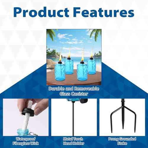 4 Pack Blue Glass Garden Torch 12 oz Outdoor Torch Garden D?cor,60-Inch Upgraded Citronella Torches with 3-Prong Grounded Stake for Party Patio Pathway