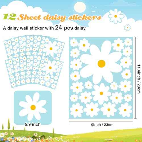 TaoBary 288-Piece Daisy Wall Decals - White Flower Wall Stickers, Peel & Stick Floral Wall Decor for Kids, Girls Nursery, Playroom, Bedroom & Living Room