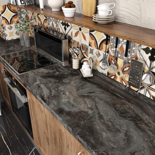 Wallercity Matte Brown Marble Contact Paper Granite Peel and Stick Countertops Wallpaper for Kitchen Bathroom Cabinets Vinyl Waterproof Marble Wall Paper for Home Decor 15.8''x78.7'' Decorative Film