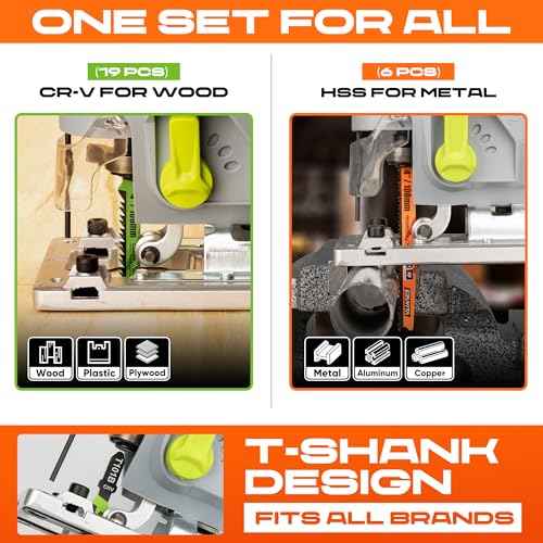 25-Piece Jigsaw Blades Set with Storage Case?CR-V&HSS Steel, Assorted T-Shank Replacement Jig Saw Blades for Cutting Wood, Plastic and Metal