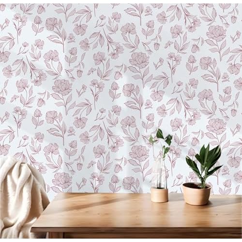Timeet White and Pink Floral Wallpaper Peel and Stick Modern Removable Self-Adhesive Wall Paper for Bedroom Bathroom Vintage Contact Paper Vinyl Film 17In¡¿78.7In