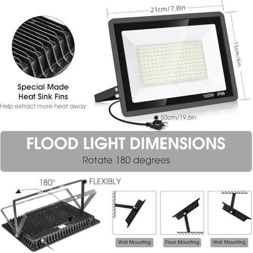 4 Pack 100W LED Flood Light,Super Bright Exterior Security Lights With Plug,IP66 Waterproof Outdoor Flood Light, 11600lm 5000K Daylight White Floodlight for Yard, Garden,Basketball Court, Arena