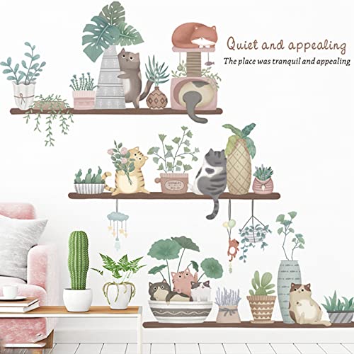 Cute Cat Stickers and Potted Plant Wall Stickers, Watercolour Removable Wall Stickers for Cat Flowerpots and Plant Leaves, Self-adhesive Vinyl Art Decor Murals for Children Babies Living Room TV