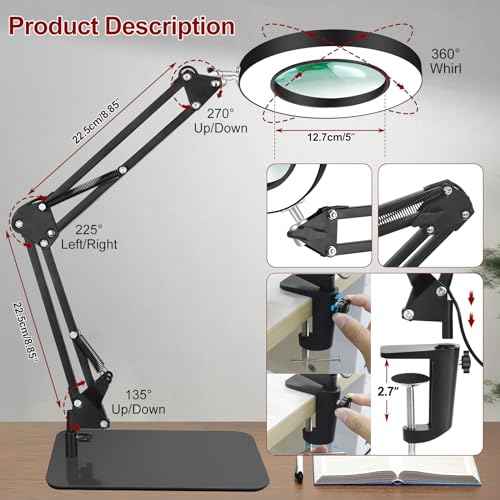 Lighted Magnifying Glass with Light and Stand, 12X Magnifier with Light Hands Free, 5 Color Modes LED Work Lighted, 2-in-1 Magnifying Lamp for Reading Craft Hobby Painting Sewing Close Work