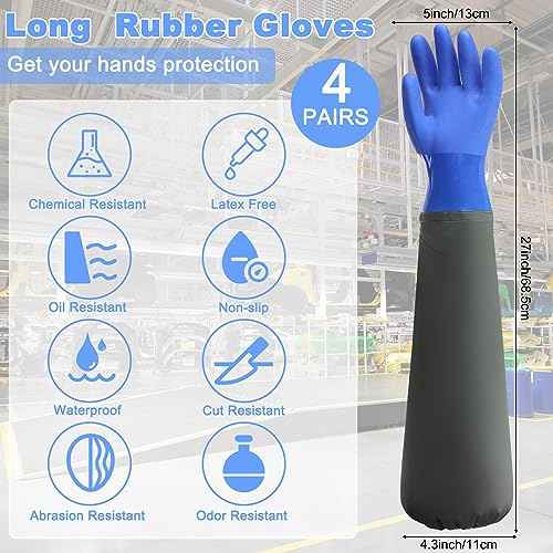 Shellwei 4 Pairs Chemical Resistant Rubber Gloves 27" Heavy Duty Waterproof Aquarium Long Gloves for Chemical(Stylish)