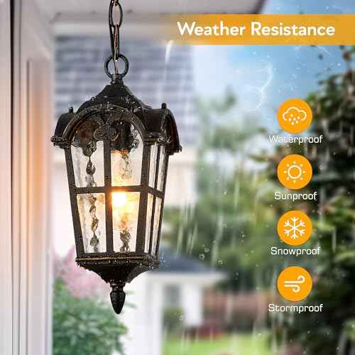 VIANIS Black Outdoor Pendant Light Lantern with Gold Trim, Outdoor Hanging Lights with Ripple Glass, Aluminum Outside Chandelier for Porch Waterproof and Anti-rust, Ceiling Fixtures for House Entryway