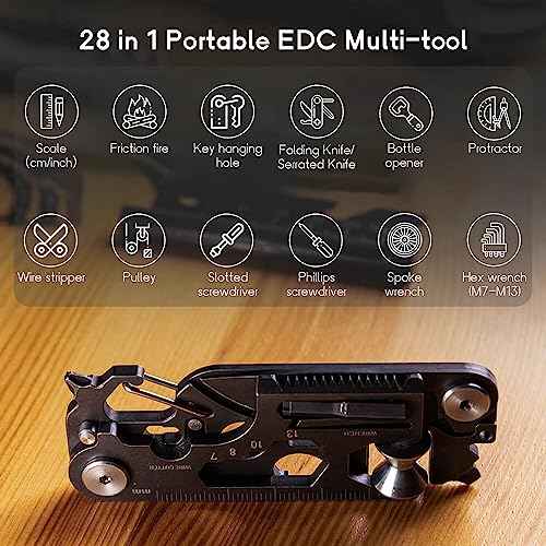 28 in 1 EDC Multi-function Tool, Keychain portable Metal Pocket Tool for men, Wrench for Screw, Ruler, Pulley, Spoke Tool,bottle opener, thread cutter, Self-locking Pocket Knife Multitool