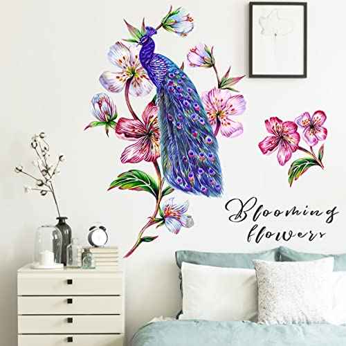 Watercolor Peacock on Flower Tree Branch Wall Decal Blue Peacock Wall Stickers Removable Living Room Girls Bedroom Office Sofa TV Background Wall D?cor