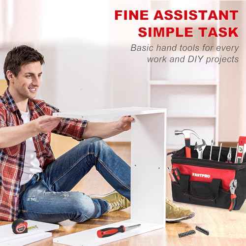 FASTPRO 220-Piece Home Tool Set, Household Repairing Tool Kit with 12-Inch Wide Mouth Open Storage Tool Bag, Red