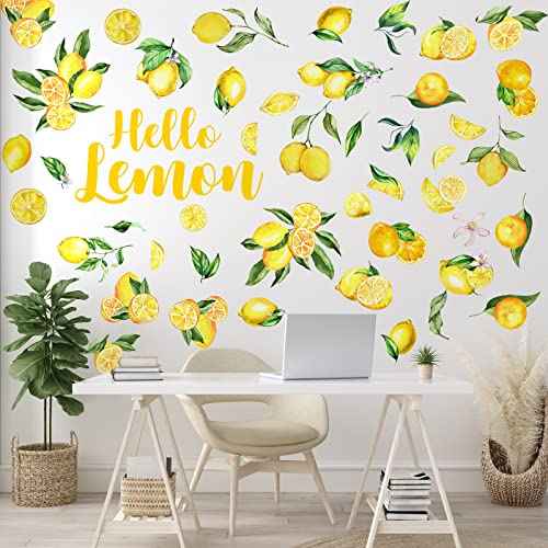 6 Sheet Lemon Wall Decals Decor Peel and Stick Wall Stickers Art for Kitchen Boho Fruit Flower Botanical Leaf Decals Yellow Green Lemonade Wallpaper Summer Lemon Stickers for Living Dining Room