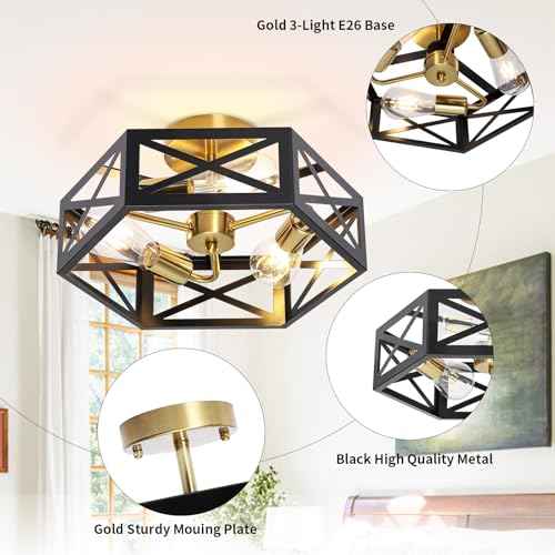 Semi Flush Mount Ceiling Light, Black and Gold Light Fixtures Ceiling Mount with Hexagon Cage, Metal Industrial Close to Ceiling Light for Hallway, Kitchen, Bedroom (Black and Gold, 14.56''L)