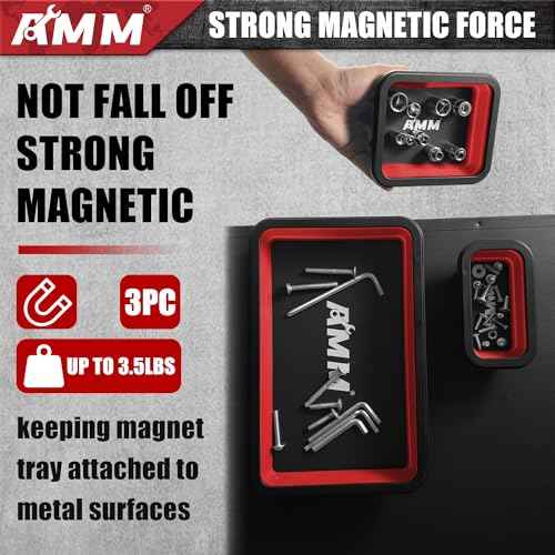 AMM Foldable Magnetic Parts Tray Set, 3 Different Size Magnetic Tool Trays for Bolts Screws Nuts & Small Metal Parts, Mechanic Tool Present for Men£¬Red