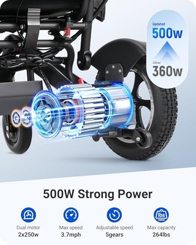 Reclining Electric Wheelchair for Adults, 90°-160° Adjustable Backrest, 16" Alloy Wheels, 5-Speed, Detachable Footrest, USB Charging & LED Light