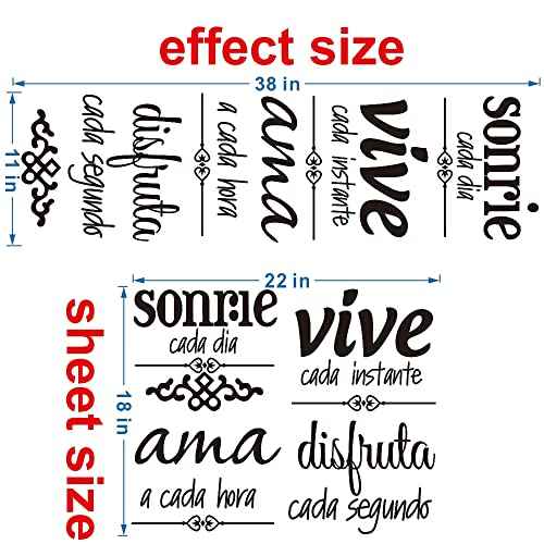 Spanish Inspirational Family Rules Wall Decal - Sonr?e, Vive, AMA Quote for Dining Room and Living Room - Removable PVC Vinyl Art - 11"x38" (Black-JWH283-Sonrie)