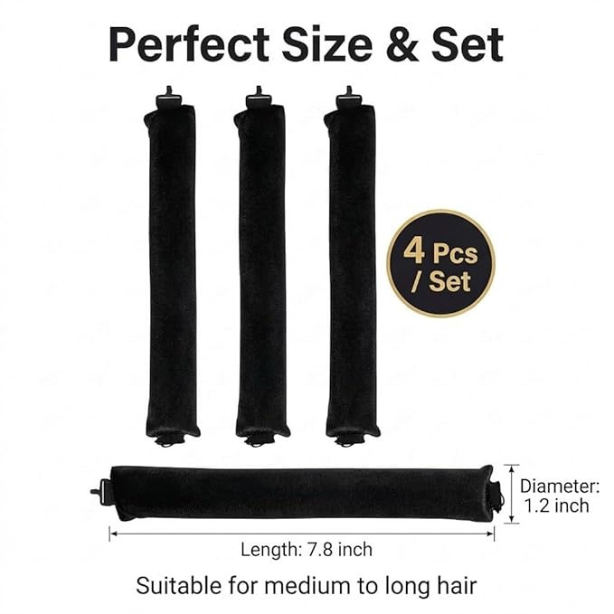 Overnight Heatless Hair Curler Blowout Rods Jumbo, Heatless Curls Satin Flexi Rods for Overnight Sleeping, No Heat Curling Tool for All Hair Types, Soft Heatless Hair Curler (BlackÃ¯Â¼Â4 Rods)
