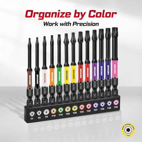 3¡±Impact Torx Screwdriver Bits Set,13Pcs Magnetic S2 Steel Long Extension Star Driver Bits Set (T7-T40) with Color Coded Base