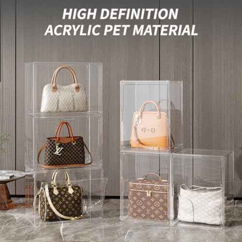 Purse Organizer for Closet,3 Packs Clear Acrylic Display Case for Handbag Organizer,Purse Storage Box with Magnetic Door, Stackable Plastic Storage Bins for Handbag,Collectibles, Cosmetic