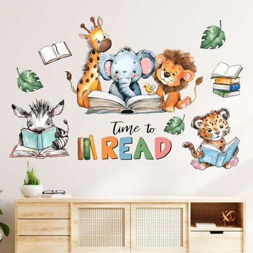Mfault Time to Read Animal Book Wall Decals Stickers, Educational Elephant Lion Giraffe Nursery Decorations Classroom Bedroom Art, Zebra Leopard Plant Neutral Toddler Kids Reading Corner School Decor