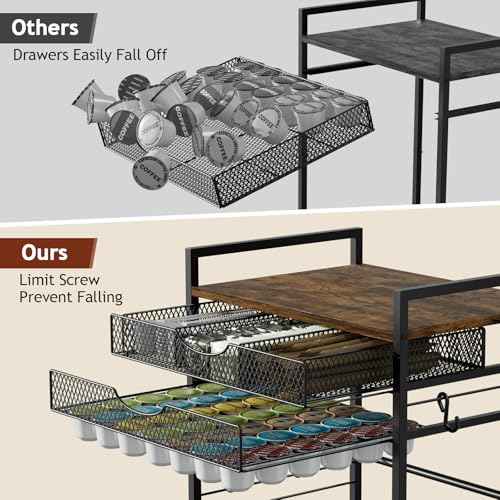Coffee Bar Station with Storage Drawer - 5 Tier Coffee Table Countertop Organizer for K Cups, Tea Bags, Sugar Storage and Kitchen Cabinets (Brown)