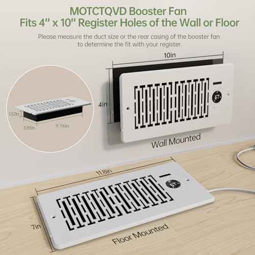 Register Booster Fan Fits 4¡± x 10¡± Register Holes, Smart Control Heating Cooling AC Vent Fan, 10-Speed Quiet Register Vent Booster Fans with Thermostat Control & Remote Control