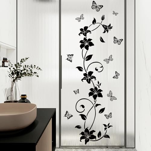 SHUCHING Black Flower Vine Butterfly Wall Decals Peel and Stick, Vinyl Simplicity Floral Wall Sticker, Wall Decor Art Home Decoration for Bedroom Living Room Office
