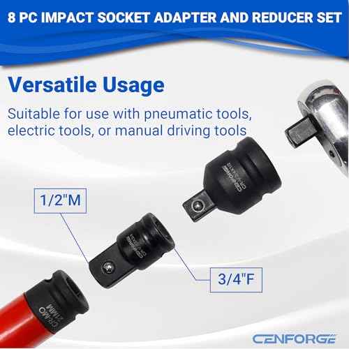 8-PC Impact Socket Adapter and Reducer Set, 1/4" 3/8" 1/2" 3/4" Drive Socket Adapter Set, 1/2 to 3/8 Impact Adapter, 3/4 to 1/2-Impact Adapter, 1/2 to 3/4-Impact Adapter