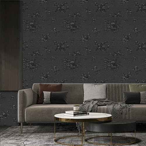 TANONE Black Peel and Stick Wallpaper 17.7" X 236" Black Embossed Floral Contact Paper Self Adhesive Removable Textured Wallpaper Vinyl Thicken Wall Paper for Wall Furniture Cabinet Drawer Dresser