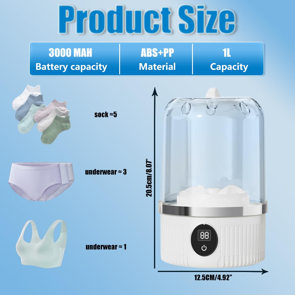 Portable Ultrasonic Mini Washing Machine 2026 New Rechargeable Travel Laundry Solution for Underwear, Compact Design for Apartments, Dorms, RVs, and Camping (White)