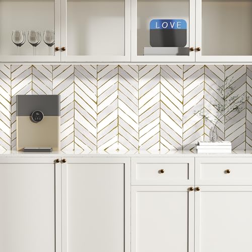Gold and Light Gray Peel and Stick Wallpaper, Modern Geometric Contact Paper 17.3''x78.7'', Removable Herringbone Wallpaper, Geometric Striped Contact Paper Self-Adhesive for Cabinets