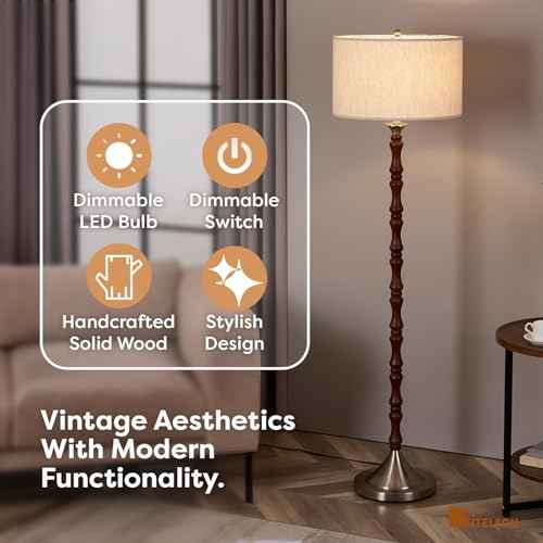 LED Floor Lamp, Mid Century Lamp with Drum Shade, Great Living Room D?cor, Rustic Retro Tall Lamp, Modern Standing Lamp for Bedroom and Office, Adjustable Lighting, Walnut Wood Finish