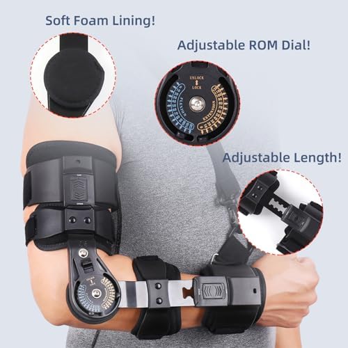 GHORTHOUD Hinged ROM Elbow Brace - Adjustable Post Op Elbow Brace Stabilizer Splint with Strap Sling Arm Injury Recovery Support After Surgery for Men Women (Right, Black)