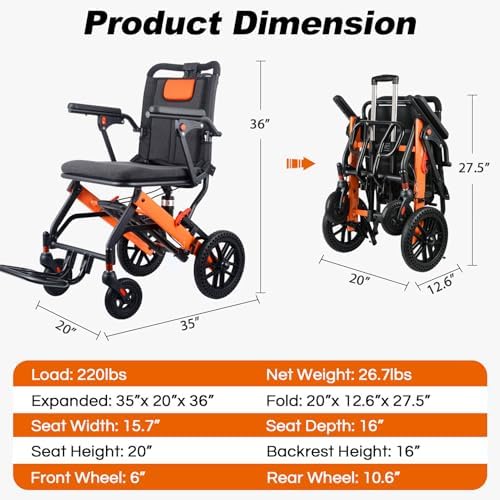 Upgraded Transport Wheelchair, Come with Telescopic Handle, Inflatable Seat Cushions, Wheelchairs for Adults, Lightweight Transport Wheelchairs, Travel Wheelchair Lightweight Foldable with 3 Bags