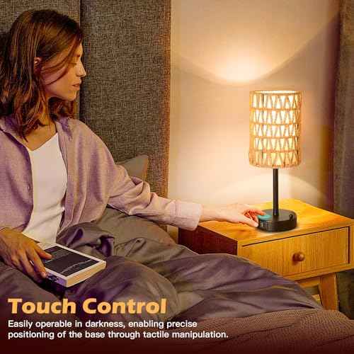 Rattan Table Lamps for Living Room, 3 Way Dimmable Touch Lamps, Small Bedside Lamps with LED Bulbs, Phone Stand, USB Ports and AC Outlet, Boho Nightstand Lamp for Kids Room, Bedroom, Office (2 Pack)