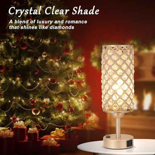 Touch Table Lamps for Bedrooms Set of 2-3 Way Dimmable Champagne Gold Crystal Lamps with Crystal Shade, Bedside Nightstand Lamp for Living Room Bedroom Home Office