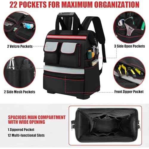 TooCust Construction Backpack Heavy Duty with Hard Bottom, Tool Backpack for Men, Waterproof Electrician Bag with 22 Pockets for HVAC, Mechanics, and Jobsite