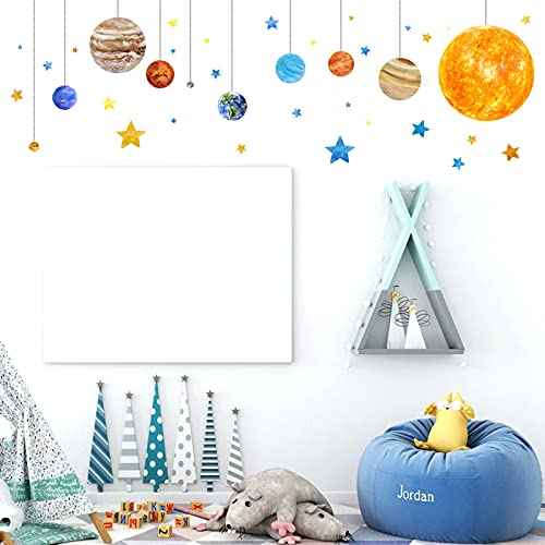 Planets and Space Wall Decals, Removable Solar System Wall Stickers, Cartoon Stars Wall D?cor, Peel and Stick Universe DIY Art Murals Vinyl Wallpaper for Kids Boys Bedroom Nursery Decoration