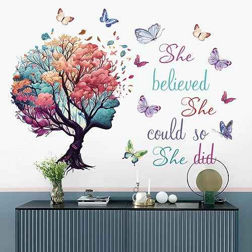 Inspirational Quotes Wall Art - 'She Believed She Could So She Did' Tree & Butterfly Decal Stickers for Women & Girls Bedroom & Living Room Decor