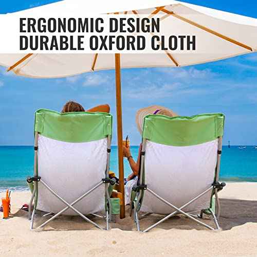 VILLEY Low Beach Chairs for Adults 2 Pack, High Back Folding Chairs, Lightweight and Portable for Outdoor, Camping, Lawn, with Cup Holder and Carry Bag - Green Tropical Leaves