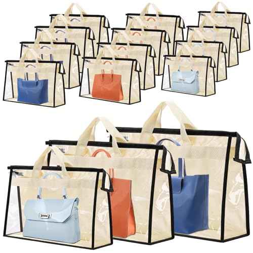 15 PCS Dust Bags for Handbags,Purse Protector Storage Bag,Purse Cover Hanging Closet Organizer with Zipper Handle,Clear Handbag Storage Organizer for Closet,3 Assorted Sizes(Beige)