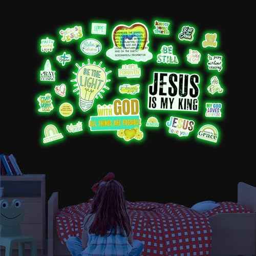 Jesus Christian Bible Wall Decals Glow in The Dark, Christ Faith Inspirational Motivational Room Decor, Positive Peel and Stick Wallpaper Kids Sticker