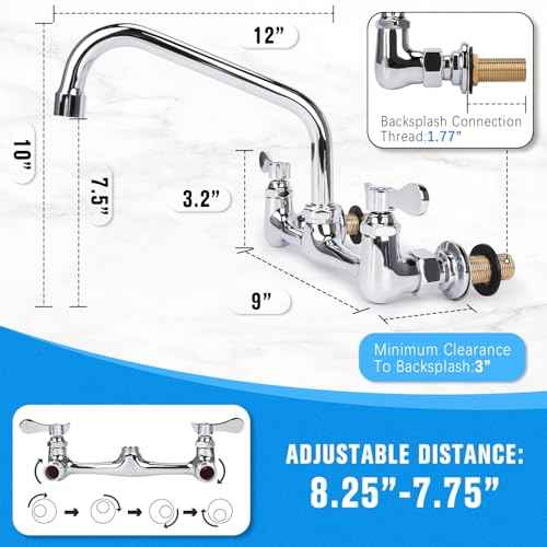 Wall Mount Kitchen Faucet 8" Center Commercial Sink Faucet with 12" Swivel Spout Dual Handles Brass Utility Sink Faucet for Laundry Room Restaurant Polish Chrome