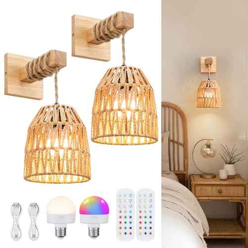 Wall Sconces Set of Two Battery Operated, Rattan Boho Wall Sconce, Rechargeable Woven Lantern Wireless Light/Lamp for Bedroom Home Decor