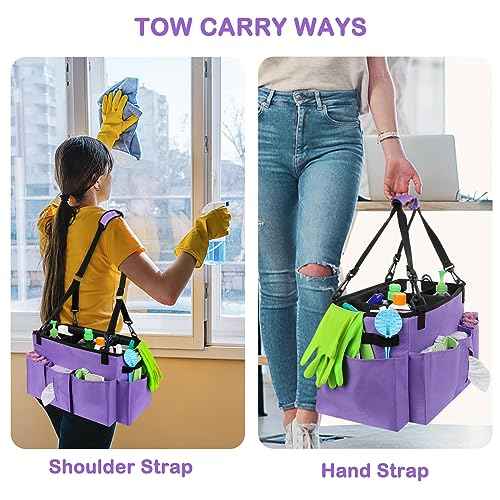 Wearable Cleaning Caddy Bag with Handle, Multi-functional Cleaning Supplies Caddy Organizer with Handle and Shoulder Strap for Car Wash, Gardening Tools, Painting/Picnic Items, Beach (Purple)