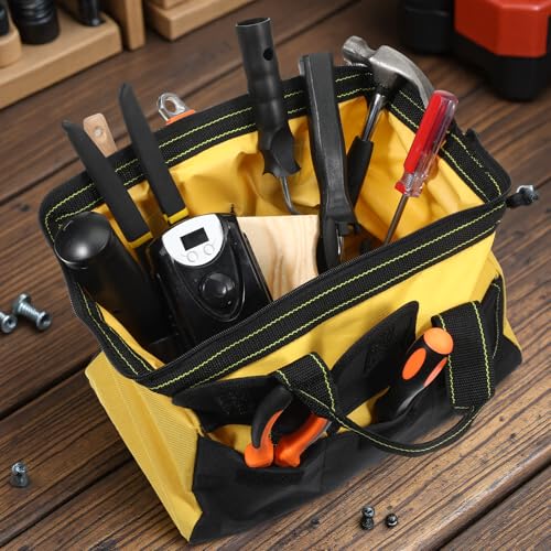 3 Pack 13 Inch Tool Bags for Men, Wide Mouth Tool Tote Bag with Waterproof Base Heavy Duty Tools Storage Bag for Electrician Carpenter Mechanic (Blue, Red, Yellow)