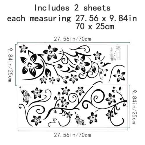 Joyartu Flowers Vine Decals Black Flowers Butterfly Wall Stickers, Diagonal Floral Decals for Living Room TV Background, DIY Home Decor