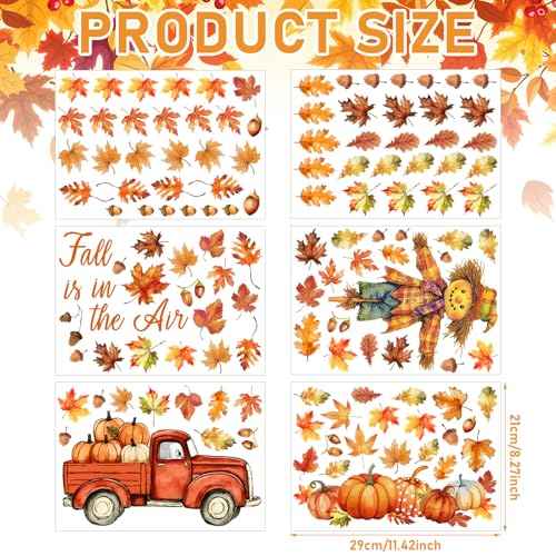 125 Pcs / 6 Sheet Thanksgiving Wall Decals Watercolor Truck Pumpkin Maple Leaves Scarecrow Wall Decals for Fall Thanksgiving Day Home Autumn Harvest Party Living School Office Party